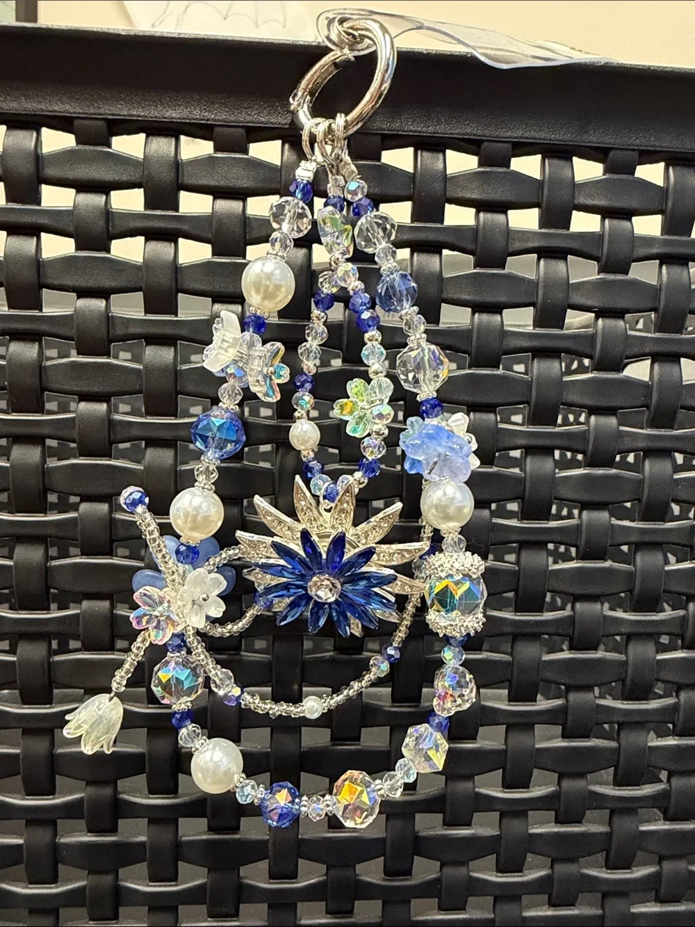 Crystal Floral Blue and Silver Pendant Keychain or Phone Charm - Women Jewelry